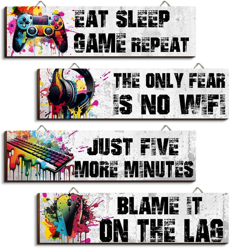 Hatzelou 4Pcs Game Room Hanging Decor Sign, Watercolor Game Wall Wooden Sign, Game Room Accessories Hanging Sign, Gamer Hanging Plaques for Teen Room Bedroom Playroom Decorations, black - Image 1